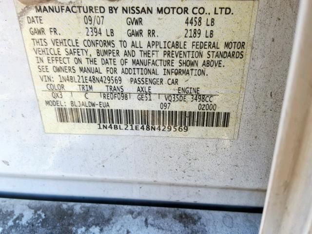 1N4BL21E48N429569 - 2008 NISSAN ALTIMA 3.5 WHITE photo 10