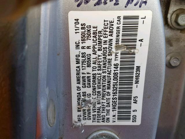 1HGES16325L008146 - 2005 HONDA CIVIC DX V SILVER photo 10