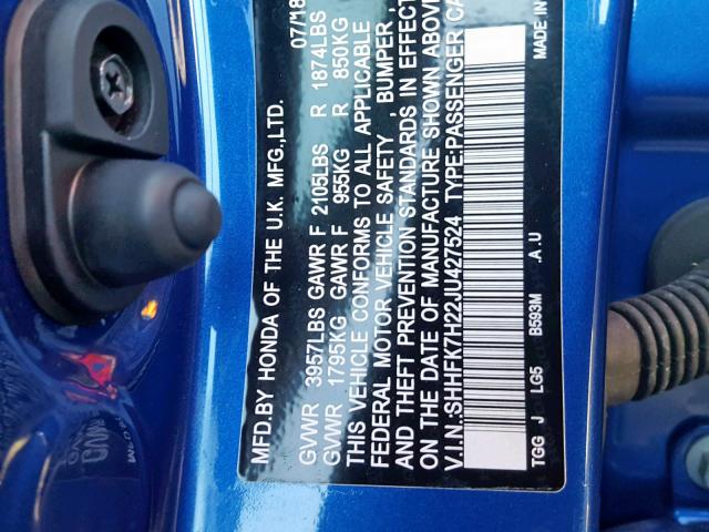 SHHFK7H22JU427524 - 2018 HONDA CIVIC LX Mavi foto 10