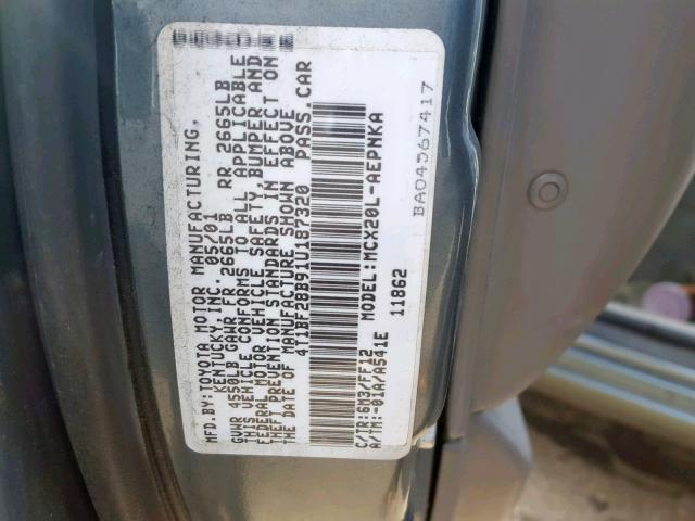 4T1BF28B91U187320 - 2001 TOYOTA AVALON XL GRAY photo 10