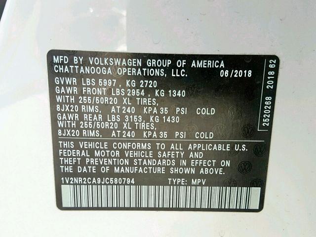 1V2NR2CA9JC580794 - 2018 VOLKSWAGEN ATLAS SEL Ağ foto 10