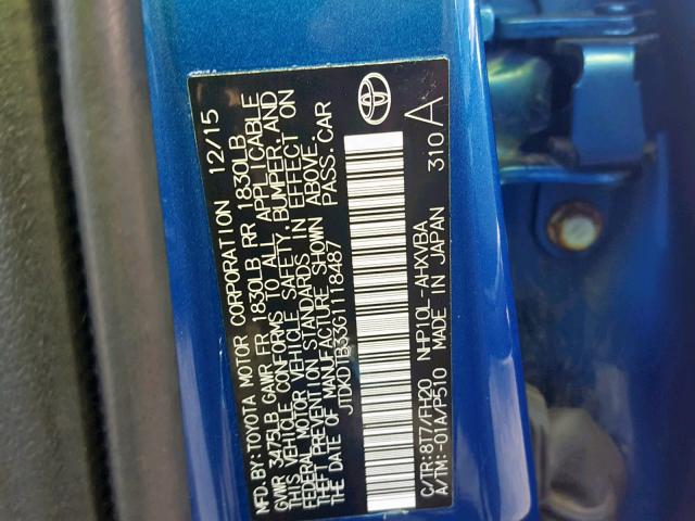 JTDKDTB33G1118487 - 2016 TOYOTA PRIUS C BLUE photo 10