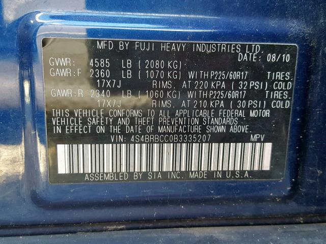 4S4BRBCC0B3335207 - 2011 SUBARU OUTBACK 2. 蓝色 照片 10