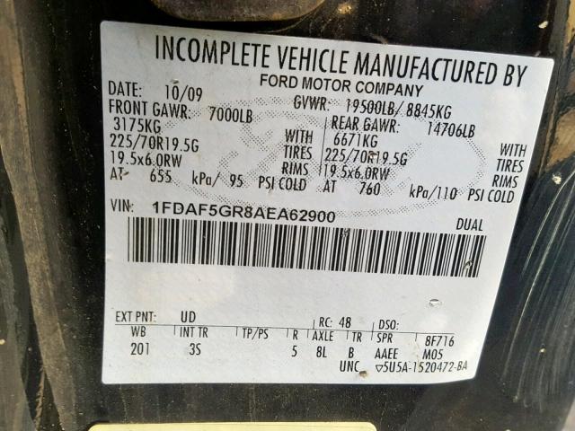 1FDAF5GR8AEA62900 - 2010 FORD F550 SUPER BLACK photo 10