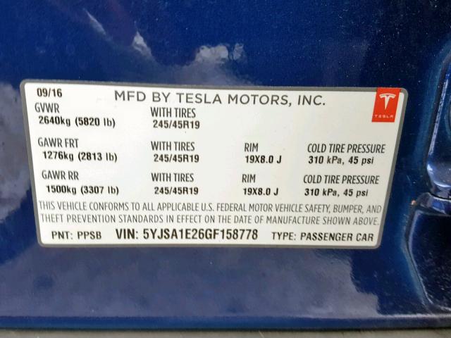 5YJSA1E26GF158778 - 2016 TESLA MODEL S BLUE photo 10