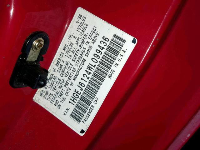 1HGEJ6124WL099436 - 1998 HONDA CIVIC DX RED photo 10