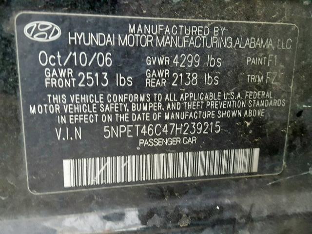 5NPET46C47H239215 - 2007 HYUNDAI SONATA GLS BLACK photo 10