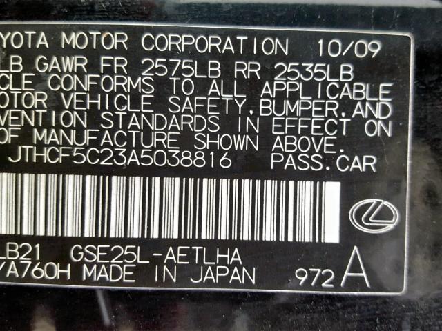 JTHCF5C23A5038816 - 2010 LEXUS IS 250 BLACK photo 10