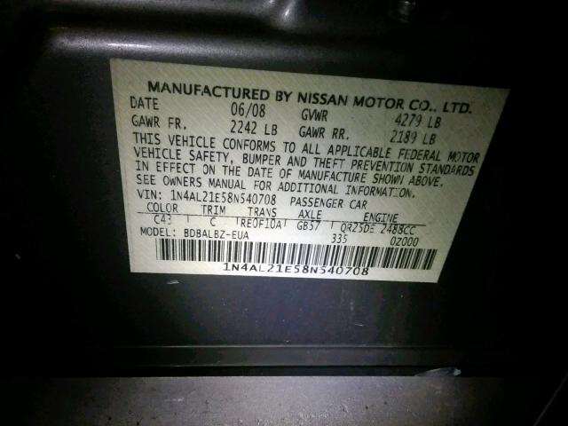 1N4AL21E58N540708 - 2008 NISSAN ALTIMA 2.5 TAN photo 10