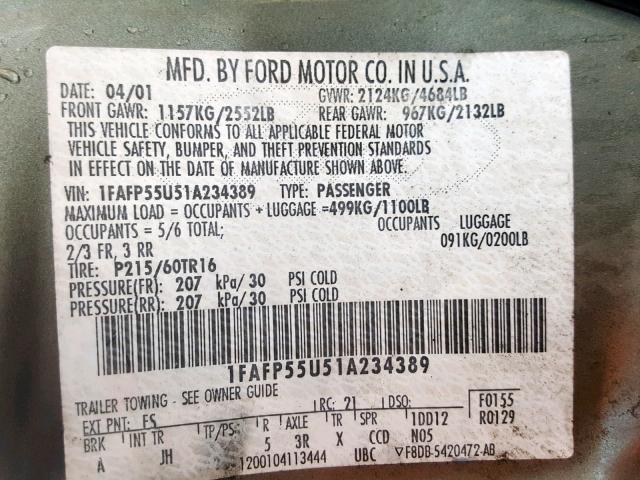 1FAFP55U51A234389 - 2001 FORD TAURUS SES GRAY photo 10