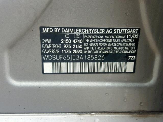 WDBUF65J53A185826 - 2003 MERCEDES-BENZ E 320 SILVER photo 10