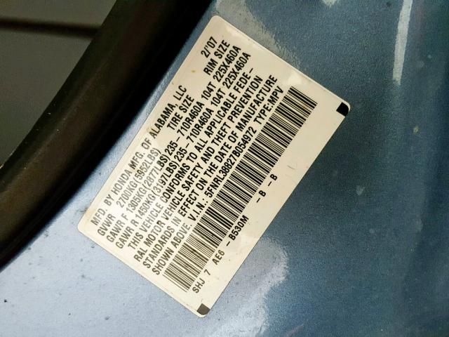 5FNRL38827B054972 - 2007 HONDA ODYSSEY TO BLUE photo 10