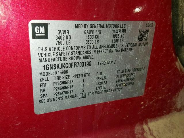 1GNSKJKC0FR703190 - 2015 CHEVROLET SUBURBAN K RED photo 10