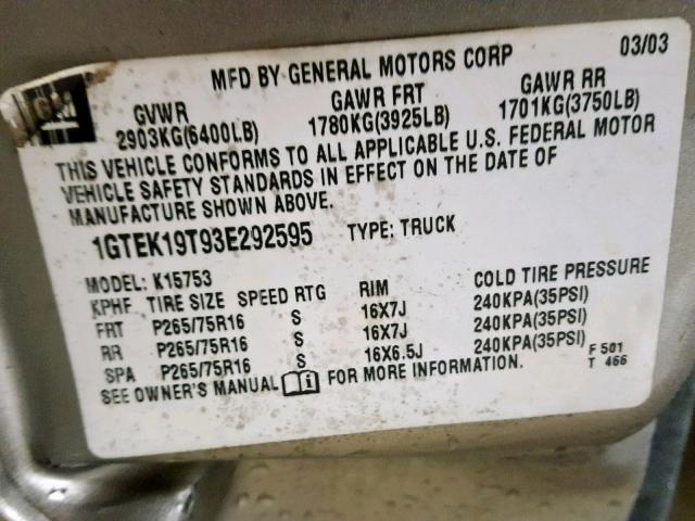 1GTEK19T93E292595 - 2003 GMC NEW SIERRA TAN photo 10