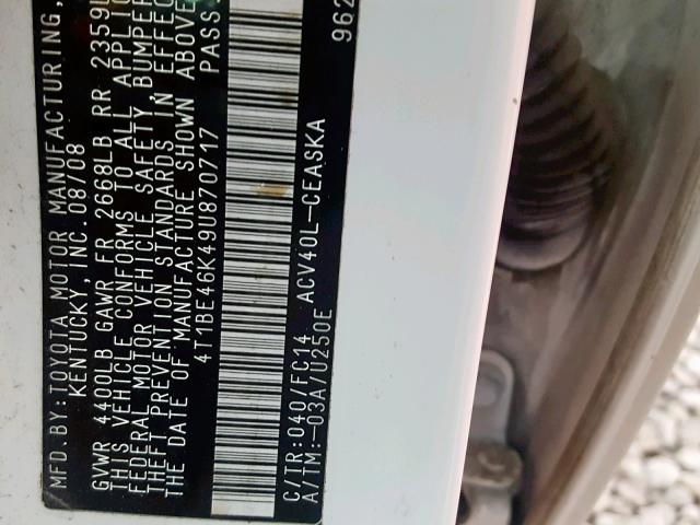 4T1BE46K49U870717 - 2009 TOYOTA CAMRY BASE WHITE photo 10