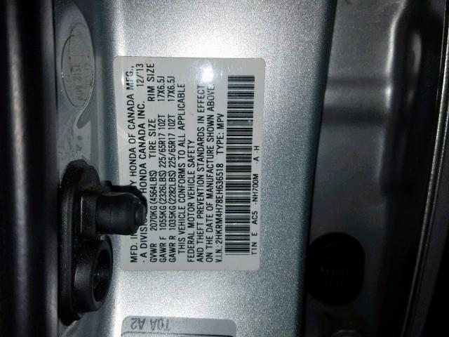 2HKRM4H78EH636518 - 2014 HONDA CR-V EXL SILVER photo 10