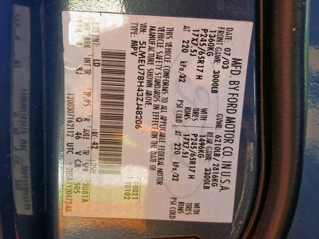 5LMEU78H43ZJ48206 - 2003 LINCOLN AVIATOR 蓝色 照片 10