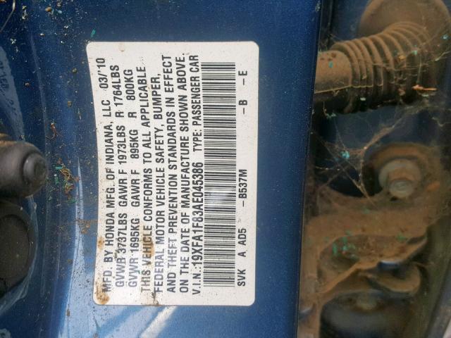 19XFA1F83AE045386 - 2010 HONDA CIVIC EX Mavi foto 10