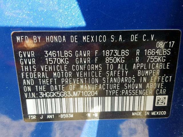 3HGGK5G63JM710204 - 2018 HONDA FIT SPORT 蓝色 照片 10