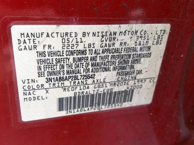 3N1AB6AP2BL725542 - 2011 NISSAN SENTRA 2.0 RED photo 10