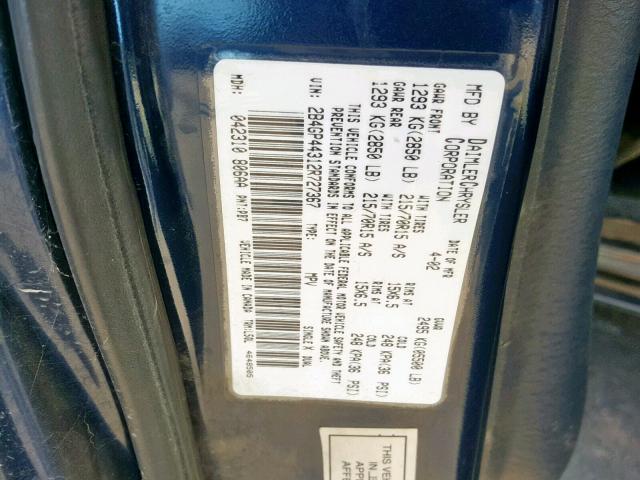 2B4GP44312R727367 - 2002 DODGE GRAND CARA BLUE photo 10