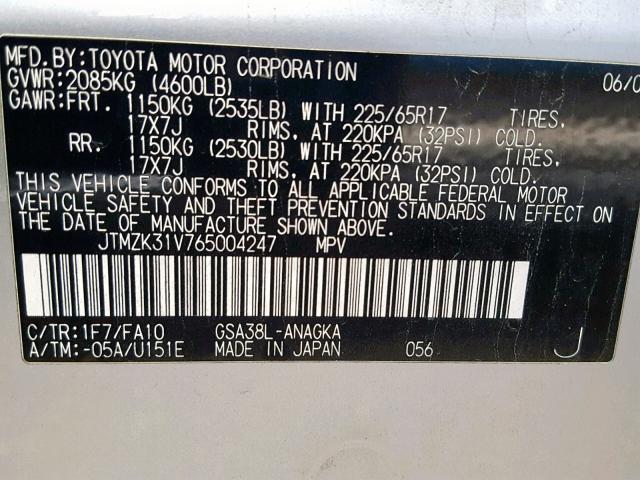 JTMZK31V765004247 - 2006 TOYOTA RAV4 LIMIT SILVER photo 10