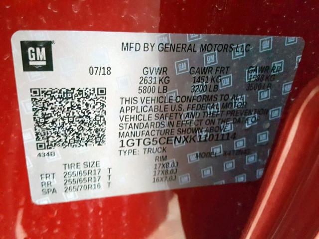 1GTG5CENXK1101114 - 2019 GMC CANYON SLE BURGUNDY photo 10