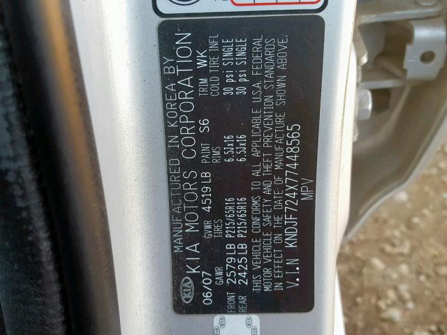 KNDJF724X77448565 - 2007 KIA SPORTAGE L ვერცხლისფერი ფოტო 10