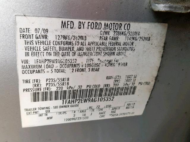 1FAHP2EW9AG105352 - 2010 FORD TAURUS SEL SILVER photo 10