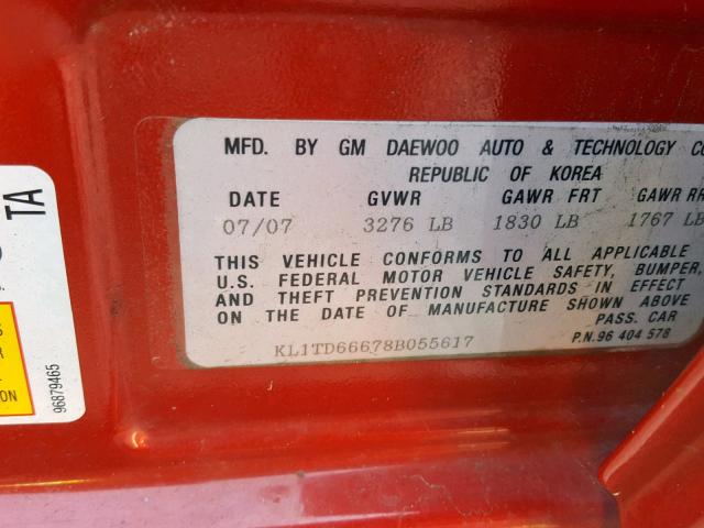 KL1TD66678B055617 - 2008 CHEVROLET AVEO BASE Қызыл фото 10