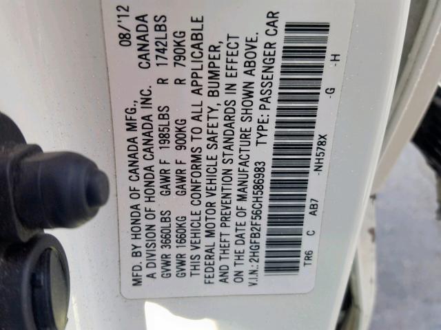 2HGFB2F56CH586983 - 2012 HONDA CIVIC LX WHITE photo 10