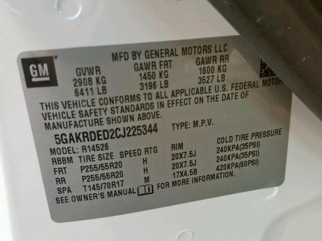 5GAKRDED2CJ225344 - 2012 BUICK ENCLAVE WHITE photo 10