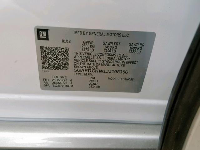 5GAERCKW1JJ198356 - 2018 BUICK ENCLAVE PR WHITE photo 10