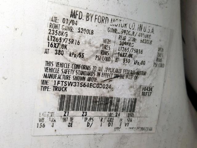 1FTSW31S64EC03024 - 2004 FORD F350 SRW S თეთრი ფოტო 10