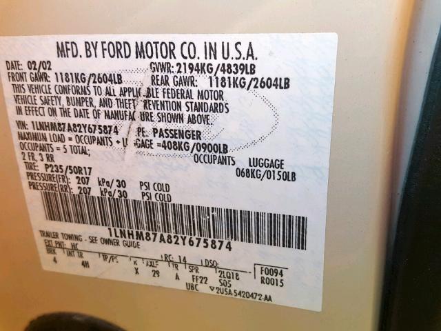 1LNHM87A82Y675874 - 2002 LINCOLN LS CREAM photo 10