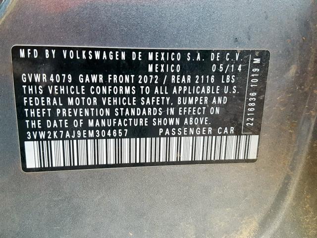 3VW2K7AJ9EM304657 - 2014 VOLKSWAGEN JETTA BASE GRAY photo 10