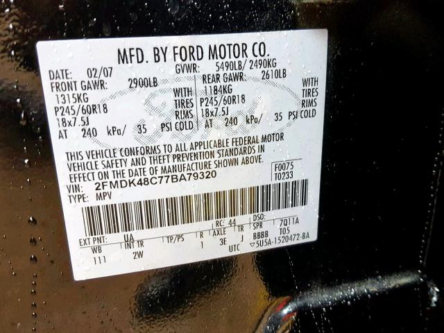 2FMDK48C77BA79320 - 2007 FORD EDGE SEL BLACK photo 10