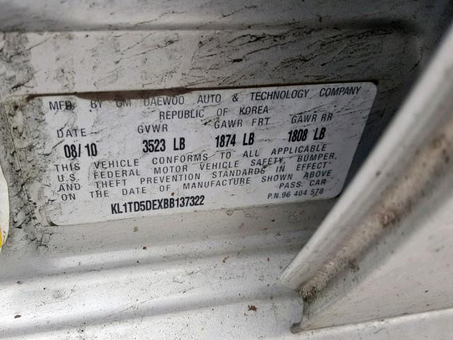 KL1TD5DEXBB137322 - 2011 CHEVROLET AVEO LS SILVER photo 10