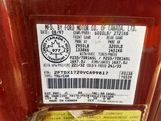 2FTDX1720VCA99817 - 1997 FORD F150 BURGUNDY photo 10