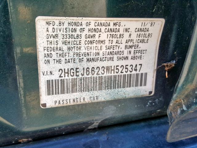 2HGEJ6623WH525347 - 1998 HONDA CIVIC DX GREEN photo 10