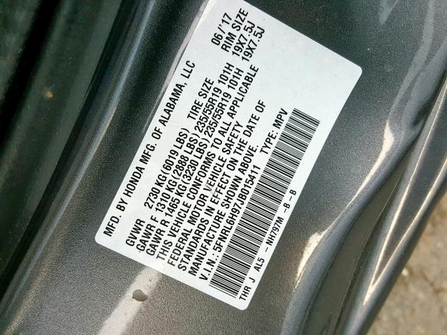 5FNRL6H97JB015411 - 2018 HONDA ODYSSEY EL CHARCOAL photo 10