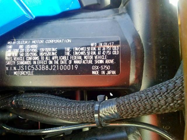 JS1C533B8J2100019 - 2018 SUZUKI GSX-S750 BLUE photo 10