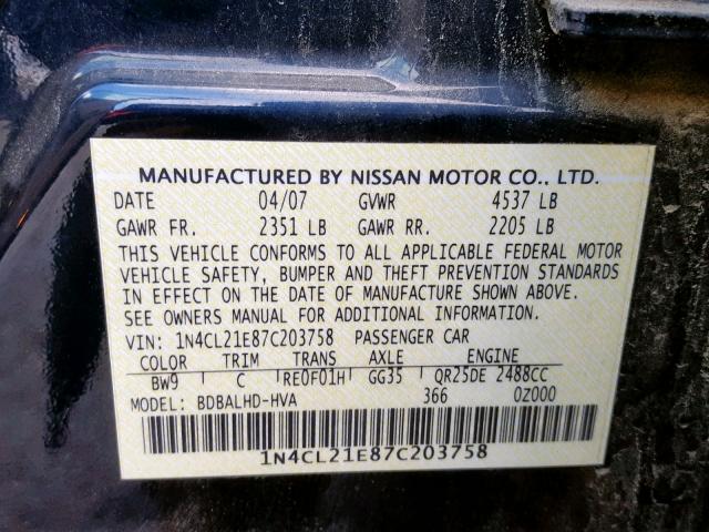 1N4CL21E87C203758 - 2007 NISSAN ALTIMA HYB BLUE photo 10