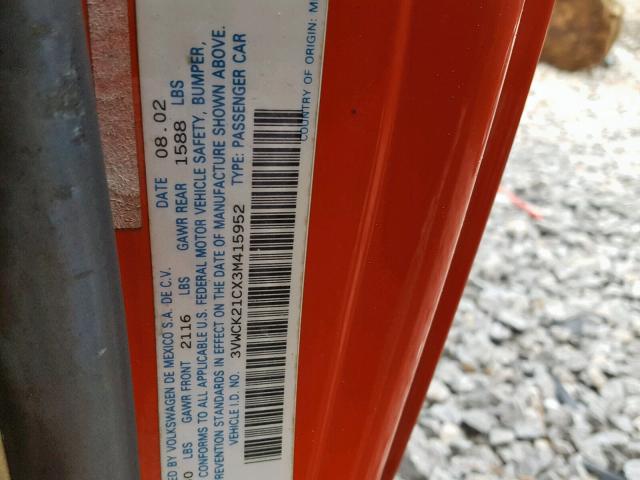 3VWCK21CX3M415952 - 2003 VOLKSWAGEN NEW BEETLE 橙色 照片 10