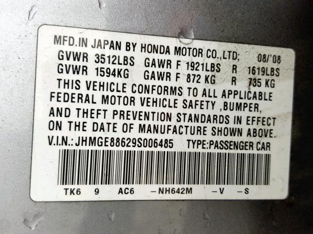 JHMGE88629S006485 - 2009 HONDA FIT SPORT SILVER photo 10