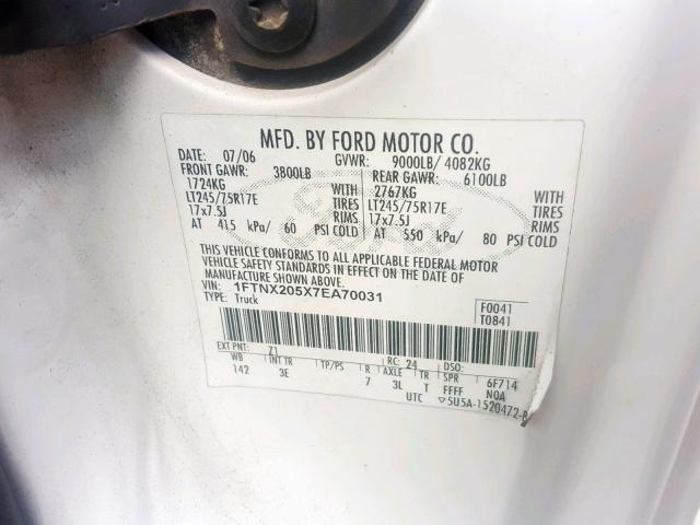 1FTNX205X7EA70031 - 2007 FORD F250 SUPER WHITE photo 10