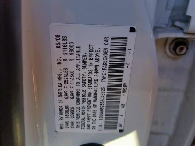 19UUA66258A046926 - 2008 ACURA TL WHITE photo 10