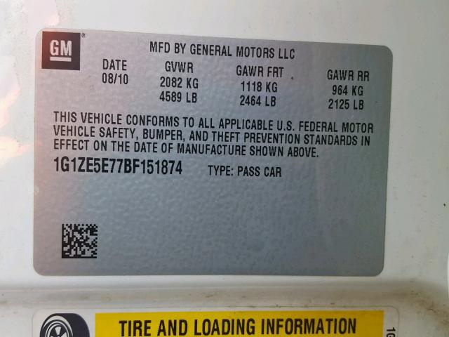 1G1ZE5E77BF151874 - 2011 CHEVROLET MALIBU LTZ თეთრი ფოტო 10