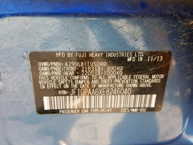 JF1GPAA6XE8246040 - 2014 SUBARU IMPREZA BA BLUE photo 10