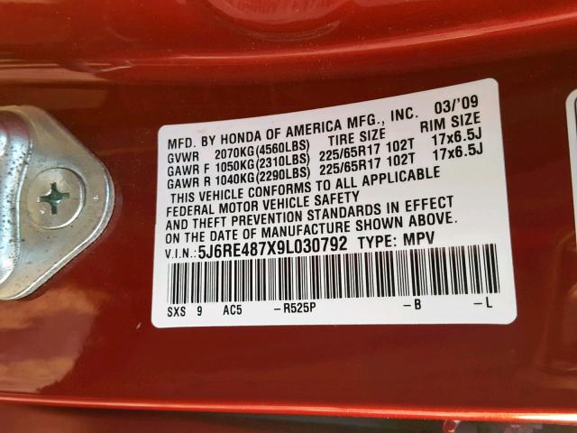 5J6RE487X9L030792 - 2009 HONDA CR-V EXL RED photo 10